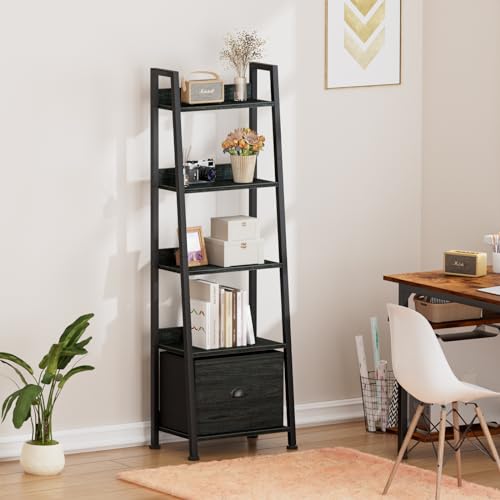 Furologee Ladder Shelf, 5 Tier Bookshelf with Fabric Drawer, Black Oak - color: Black Oak, size: 5-Tier, 15" W