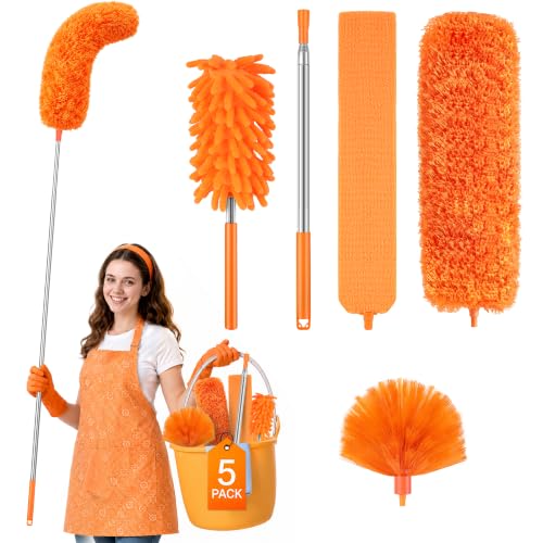 Cobweb Duster with Extension Pole, Pole5-Piece Spider Web Brush with Pole Kit, 100" Telescoping Microfiber Feather Dusters for Cleaning, Bendable Washable Dusters for High Ceilings, Ceiling Fans