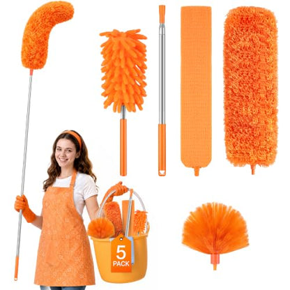 Cobweb Duster with Extension Pole, Pole5-Piece Spider Web Brush with Pole Kit, 100" Telescoping Microfiber Feather Dusters for Cleaning, Bendable Washable Dusters for High Ceilings, Ceiling Fans