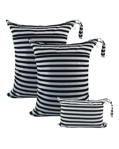 ALVA ALVABABY 3pcs Baby Cloth Diaper Wet Dry Bags Waterproof Reusable with Two Pockets Travel Beach Pool Daycare Soiled Baby Items Yoga Gym Bag for Swimsuits or Wet Clothes 3L-WB01 - color: Black and White stripe