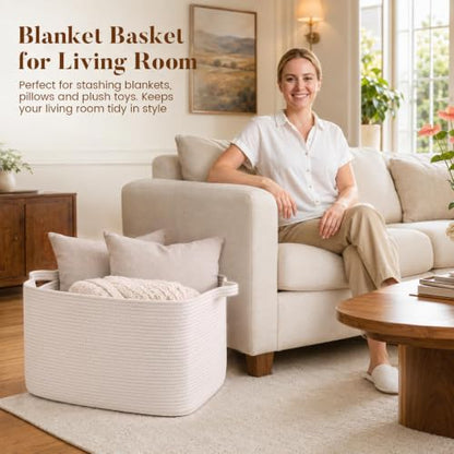65L Large Woven Blanket Basket for Living Room, 19.7"x15.7"x11.8" - color: White, size: 24"x16.9"x14.2"