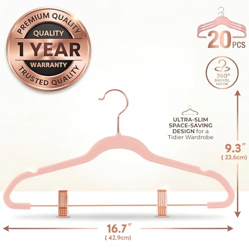 MIZGI Premium Velvet Pants Hangers with Clips (Pack of 20) Slim Skirt Hangers- Non Slip Felt Outfit Dress Hangers Blush Pink - Copper/Rose Gold Hooks,Space Saving Shirt Clothes Hangers - color: Blush Pink/Rosegold, size: 20-Pack