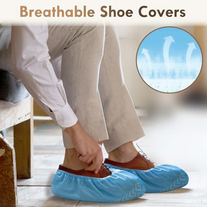 Disposable Shoe Covers 100 Pack (50 Pairs) | Non-Slip, Durable Non-Woven Fabric Boot Covers for Indoors, X-Large Recyclable Shoe Protectors, Stretchable Fits Up to Size 13 US Men & Work Boots - size: Blue Set of 100(XL)