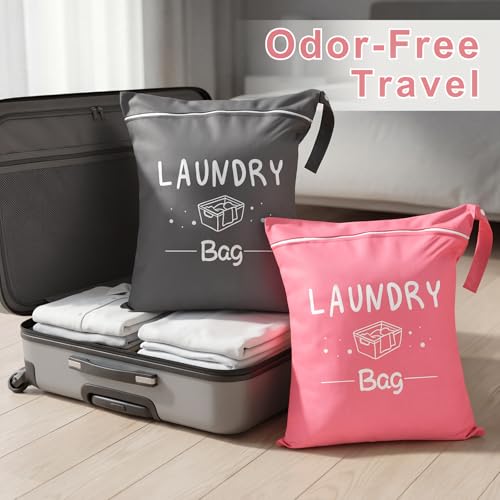 2 Pcs Large Travel Laundry Bags, 19 x 15 Inches Waterproof Wet Dry Bag for Dirty Clothes, Washable Zippered Laundry Bag for Gym, Beach, Swimming and College Dorm, Pink & Grey