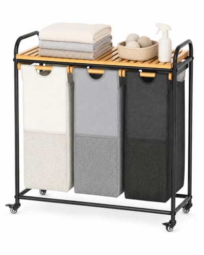 105L Laundry Hamper with Wheels, 3 Section Rolling Laundry Sorter Cart with Bamboo Shelf, Large Clothes Basket for Laundry Room and Bathroom