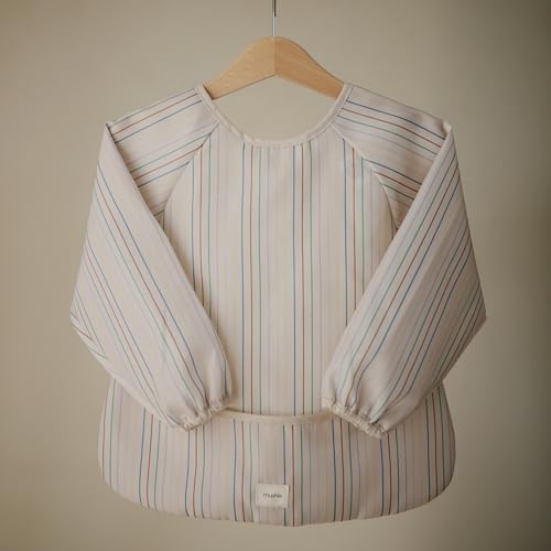 mushie Long Sleeve Baby Bib | Water Resistant Adjustable Fit - color: Retro Stripes