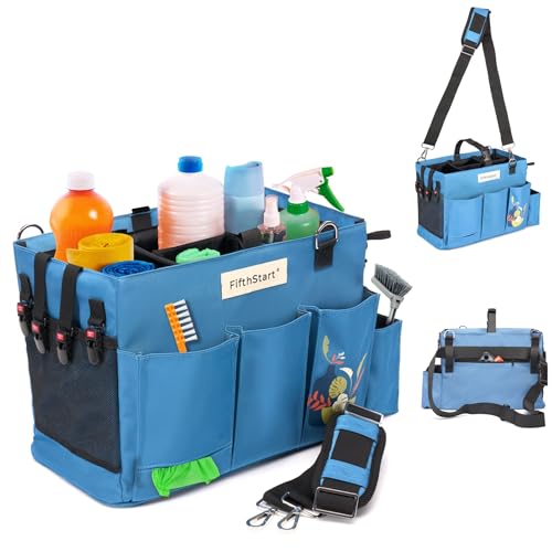 Multiuse Cleaning Caddy with Waist, Shoulder Strap 9 Pockets, Mesh Base & Adjustable Compartments - Cleaning Caddy - Cleaning Supplies Organizer (Blue, Small)