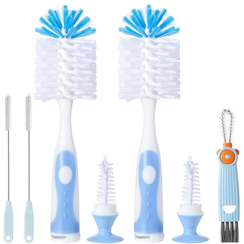 Nylon Baby Bottle Brush, Suction Base, Hidden Cleaner & Straw Brush, Blue - color: Blue