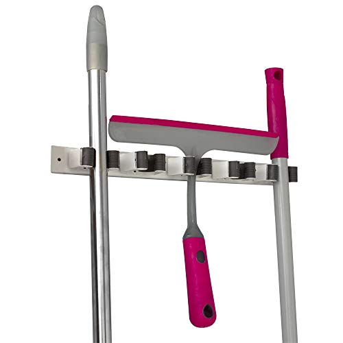 Mop and Broom Holder Wall Mounted Storage Organizer by Home Basics | 5 Slot Storage Rack with Textured Rubber Grippers for Kitchen, Garage, Laundry Room