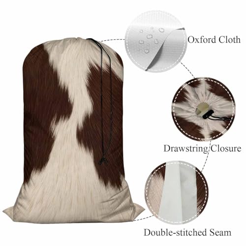 Swono Cowhide Fur Laundry Bag with Drawstring Closure, Foldable, Lightweight, 28"x40" Cow Hair Skin Domestic Animal Dirty Clothes Bag for Home Dorm Road Trip Cruise, Oxford Cloth, Brown White - color: Cowhide Fur