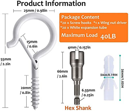 Q Hanger Hooks White 20PCS - Screw in Hooks with Safety Buckle Design - size: Q-Hanger White 20Pcs