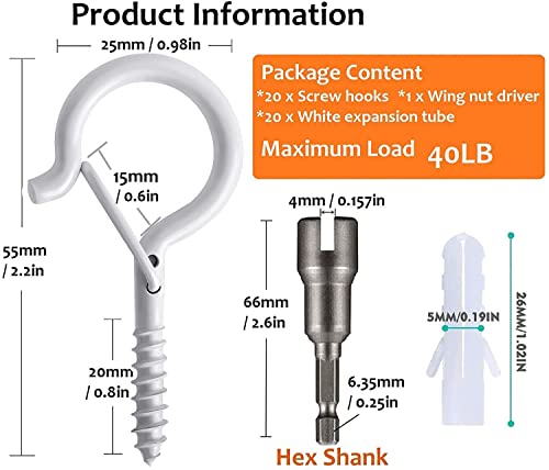 32 PCS Screw Hooks for Outdoor String Lights 2.2 Inches Q Hanger Screw Hooks with Safety Buckle for Hanging Plants Christmas Lights, Easy to Release (Include 1 Wing Nut Driver) - size: Q-Hanger White 32Pcs