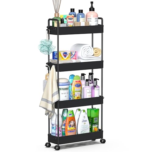 SOLEJAZZ Slim Rolling Storage Cart Skinny Bathroom Organizer, 4 Tier, Black - color: Black, size: 4-Tier, 4.76"D