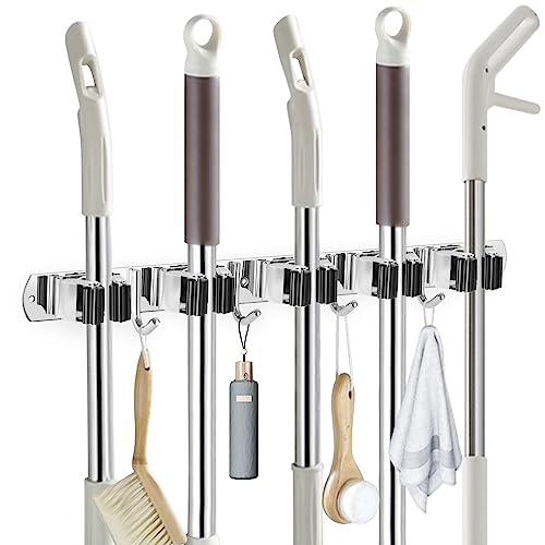 IMILLET Broom Holder Wall Mount Stainless Steel Mop Organizer - color: Stainless Steel - 5 Racks with 4 Hooks, size: 1 Pack