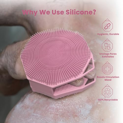 iTokGoK® Premium Silver-Infused Double-Sided Design 2-in-1 Silicone Body Scrubber for Women,Body Buffer Scrubber for Sensitive Skin, Ergonomic No-Slip Handle, Long-Lasting & Easy to Clean - Pink - color: Pink