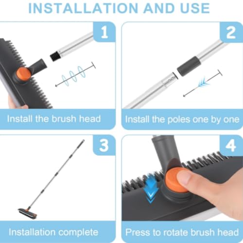 Floor Scrub V Brush with Long Handle, 4 in 1 Multi-Angle Swivel Right Angled Bristle Floor Scrubber Brush with Squeegee and Tweezer for Cleaning Tile Wall Deck Bathroom Patio Garage Kitchen