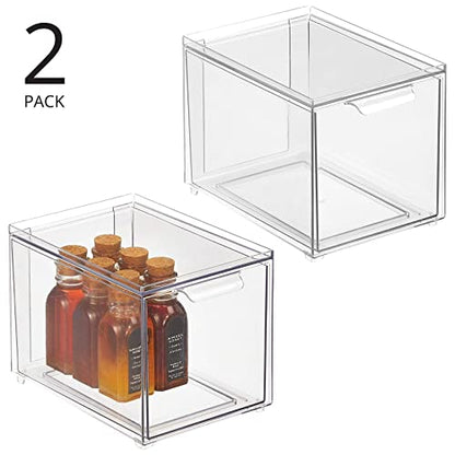 mDesign Kitchen Storage Drawer Box – Plastic Storage Box with Pull-Out Drawer – Pantry, Fridge and Cupboard Storage for Food and Snacks – Pack of 2 – Clear - size: 8 x 6 x 6 (Pack of 2)