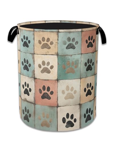 Cute Paw Print Laundry Basket,Foldable Oxford Cloth Vintage Laundry Hamper With Handle, 20.8"x16" Portable Clothes Storage Basket Bag for Laundry Room/Bathroom/Bedroom/Dormitories - color: Cute Paw Print Vintage