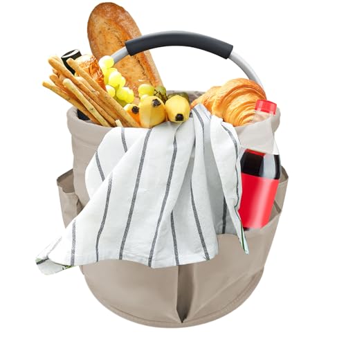 Khaki 17 L Picnic Garden Tool Bag with 6 Pockets, Foldable Bucket Organizer for Storage Camping Home Cleaning Products, Portable Garden Caddy Tote with Handle Harvest Basket (Khaki) - color: Khaki