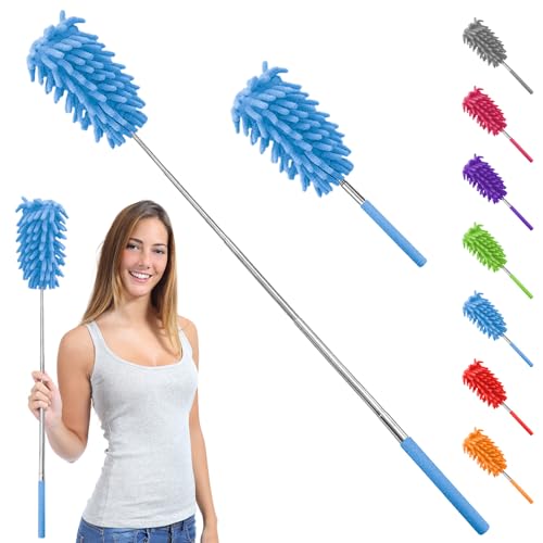 Microfiber Feather Duster with 30 in Telescoping Pole, Washable Chenille Head for Ceiling Fans, Blinds and Furniture, Blue - color: Blue