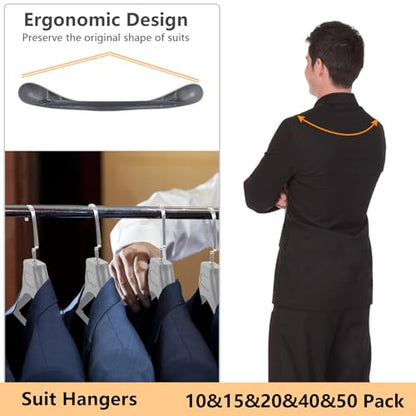 DEDU Suit Hangers for Men 10 Pack, Grey Coat Hangers Extra Wide Non Slip Width 17.7", Thick Plastic with Pants Bar & Metal Hook - color: Gray, size: 10 Pack