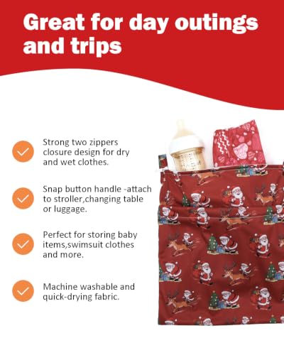ALVA 3 Pack Wet Dry Bags for Cloth Diapers, Swimsuits & Gym Clothes, Waterproof Reusable Baby Diaper Bag with 2-Zippered Compartments, Hanging Strap, Machine Washable, Medium for Dayca - color: Christmas Coloe 52