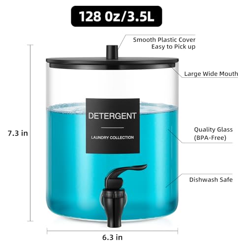 Glass Laundry Detergent Dispenser, 128 oz / 3.5L Fabric Softener Dispenser for Laundry Room Organization, Detergent Holder with Plastic Spigot (Black, 1 Pack)
