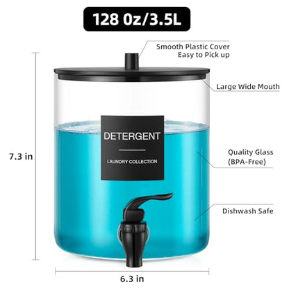 Glass Laundry Detergent Dispenser, 128 oz / 3.5L Fabric Softener Dispenser for Laundry Room Organization, Detergent Holder with Plastic Spigot (Black, 1 Pack)