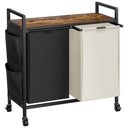 WOWLIVE Double Laundry Hamper with Wheels, Rolling Laundry Basket Organizer - color: Black and Beige, size: 110l (30.0 x 13 x 32 Inches)