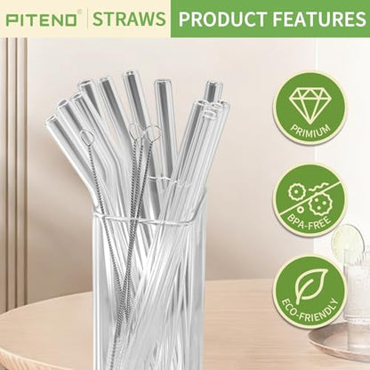Piteno® 12Pcs Glass Straws with 4Pcs Brushes, Reusable Clear Glass Drinking Straws, 8.5''x10MM, Set of 6 Straight and 6 Bent with 4 Cleaning Brushes, Perfect for Smoothies, Milkshakes, Juice, Tea - color: Clear, size: 8.5"
