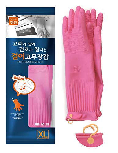 Myungjin Reusable Waterproof Household Dishwashing Non-Slip Cleaning Rubber Gloves with Hang-Dry Hook (1 Pair/X-Lagre) - size: 1 Pair / X-Large