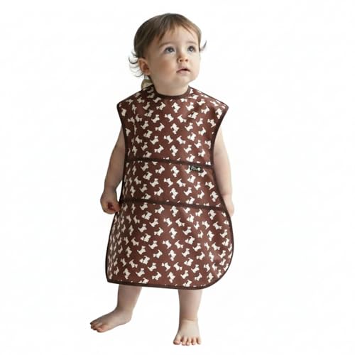 Plie Full Coverage Waterproof Feeding Bib for Toddlers – Extra Long Apron Bib for Mealtime, Self-Feeding, High Chairn - color: Brown/Puppy