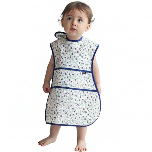 Plie Full Coverage Waterproof Feeding Bib for Toddlers – Extra Long Apron Bib for Mealtime, Self-Feeding, High Chairn - color: Blue Strawberry