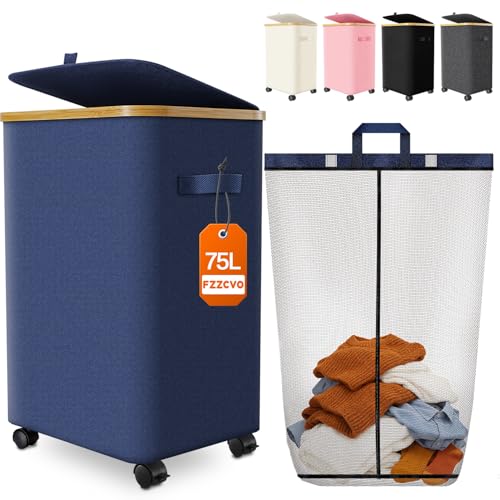 Laundry Hamper with Wheels, 75L Rolling Laundry Basket, Removable Inner Bag - color: Blue, size: 75L