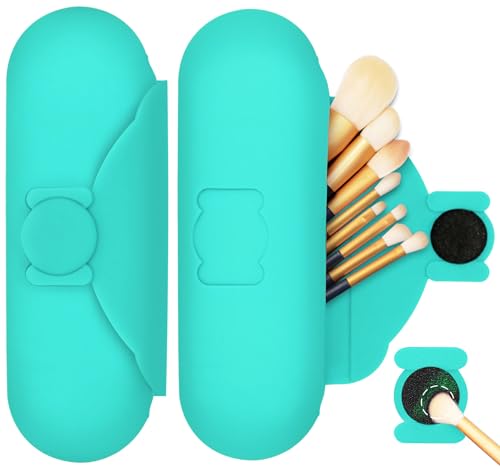 Travel Silicone Makeup Brush Holder with Cleaning Pad and Magnetic Closure - color: Ocean Blue