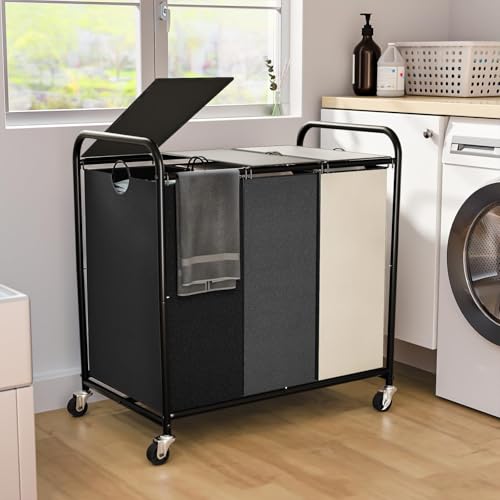 180L Laundry Sorter 3 Section, Rolling Laundry Basket with Wheels and Lid - color: Multicolored-3Sec, size: 47.55Gal