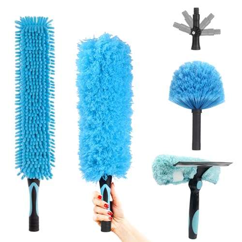 Ceiling Fan Duster Kit 5-in-1 – Screw-On Cobweb Duster, Squeegee & Microfiber Heads – Washable Bendable – Fits Standard 3/4" Threaded Extension Pole – House Cleaning Kit, Blue - size: 5PC-kit1