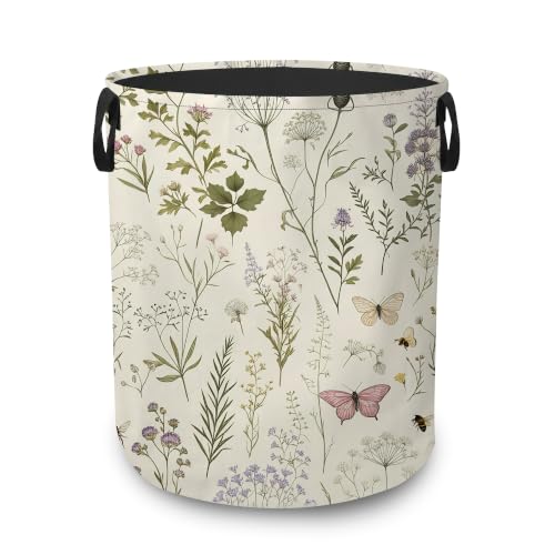 Vintage Wildflowers Portable Laundry Hamper,Butterfly Bees Floral Collapsible Clothes Basket with Handles,Waterproof Oxford Cloth Organizer for Dorm Bedroom Bathroom Nursery,16 x 20 Inch - color: Vintage Wildflowers,Butterfly Bees Floral