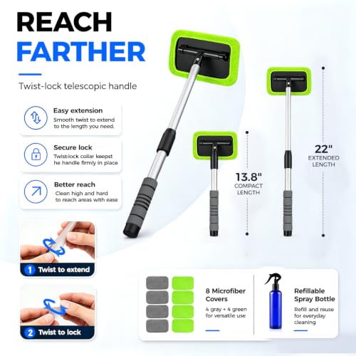 XINDELL Interior Windshield Cleaner Tool – Car Window Cleaning Tool 22inch Extendable Long Handle for Easy Cleaning, 9pcs Reusable Microfiber Pads, Streak-Free Interior & Exterior Auto Glass Cleaner - size: 22in