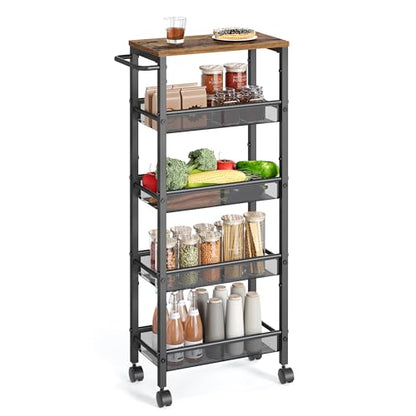 VASAGLE 5-Tier Slim Rolling Storage cart with Wheels, 8.7 Inches, Metal - color: Rustic Brown + Classic Black, size: 5 Tiers (8.7"D x 39.2"H)