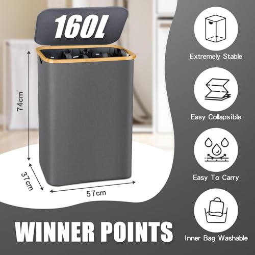 Hampers for Laundry Basket with Lid, 160L Large Laundry Hamper 3 Section - color: Dark Grey, size: 160L