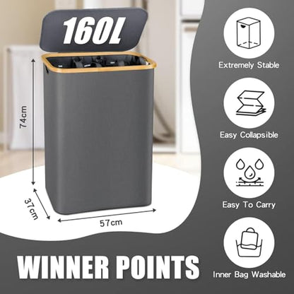 Hampers for Laundry Basket with Lid, 160L Large Laundry Hamper 3 Section - color: Dark Grey, size: 160L