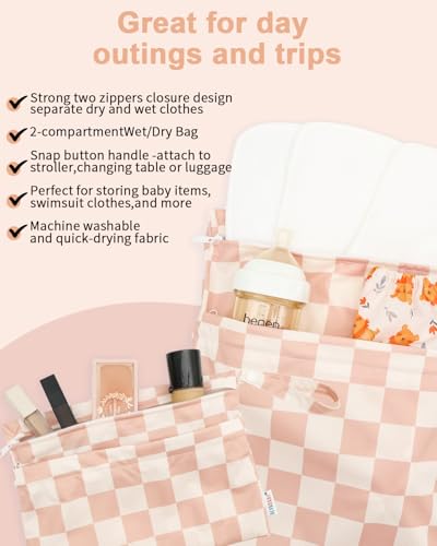 ALVABABY 3 Pack Wet Dry Bags for Cloth Diapers, Swimsuits & Gym Clothes, Waterproof Reusable Baby Diaper Bag with 2-Zippered Compartments, Hanging Strap, Machine Washable, Small/Medium/Large for Dayca - color: Beige grid