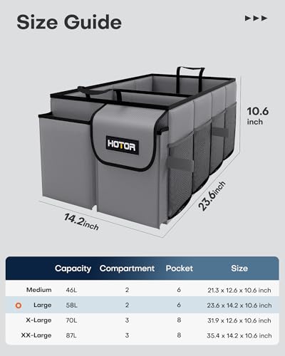 HOTOR Trunk Organizer - Foldable Car Organizer for SUVs & Sedans Storage - color: Grey, size: Large-(2 Compartments)