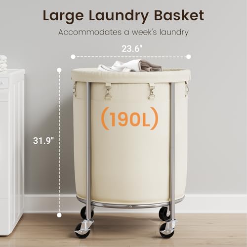 ELYKEN 190L Laundry Basket with Wheels, Steel Frame, Removable Bag, Cream - color: Cream, size: 190L