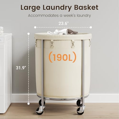 ELYKEN 190L Laundry Basket with Wheels, Steel Frame, Removable Bag, Cream - color: Cream, size: 190L