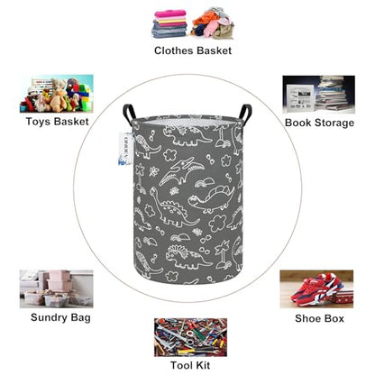 Round Dinosaur Laundry Hamper, Cotton Canvas Teen Room Storage Bin - color: Round Gray Line Dinosaur