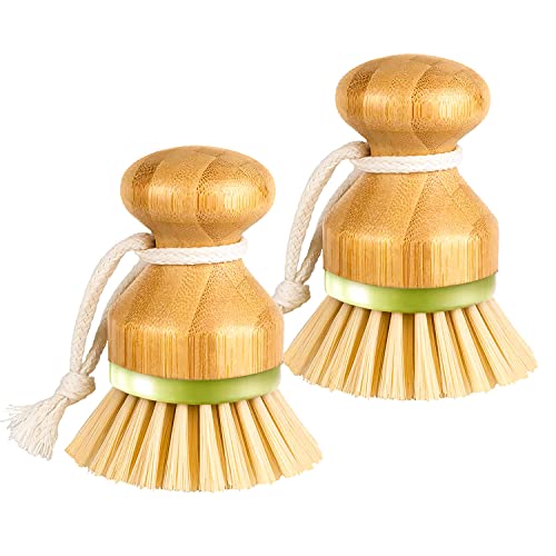 Bamboo Dish Brush, Scrub Brush for Dishes Pots Pans Kitchen Sink Cast Iron Skillet Cleaning, Pack of 2