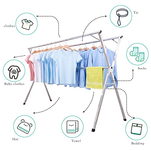 AIODE Clothes Racks for Hanging,94.5 inch for Stainless Steel Adjustable and Foldable Space Saving Laundry Clothes Drying Rack for Indoor Outdoor with Windproof Hooks - size: 94.5 inch