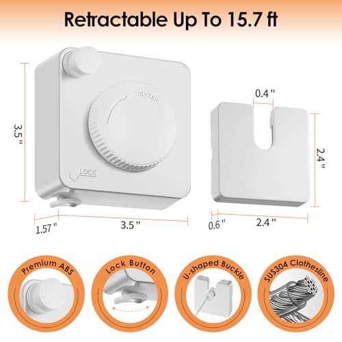 Yejay Retractable Clothesline Indoor, Non-Sagging Clothes Line Retracting Outdoors,Wall Mounted Heavy Duty Clothes Drying Line, Space-Saving Laundry Line for Balcony, Bathroom - 15.7Ft (White) - color: White